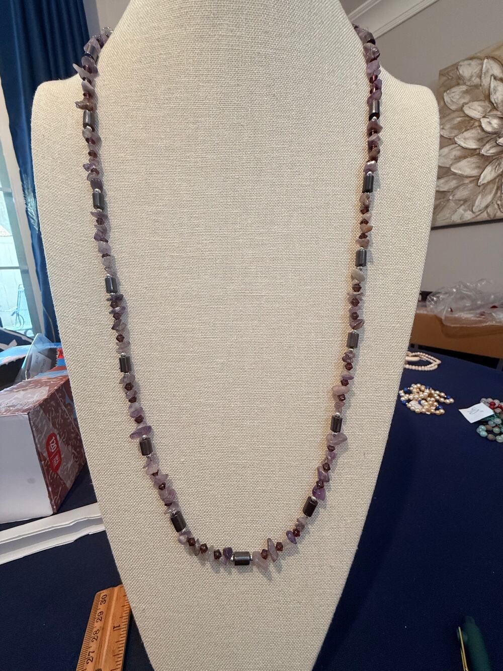 Vintage Magnetic Hematite & Rose Quartz Chip Beaded Necklace 36”